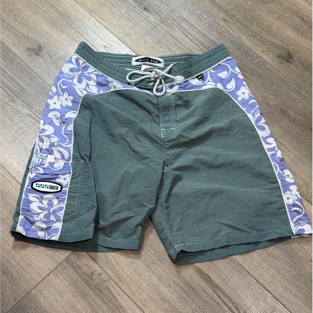 Y2K Anchor Blue ABCO Mens Size 36 Vintage Board Shorts Floral Hibiscus Surf